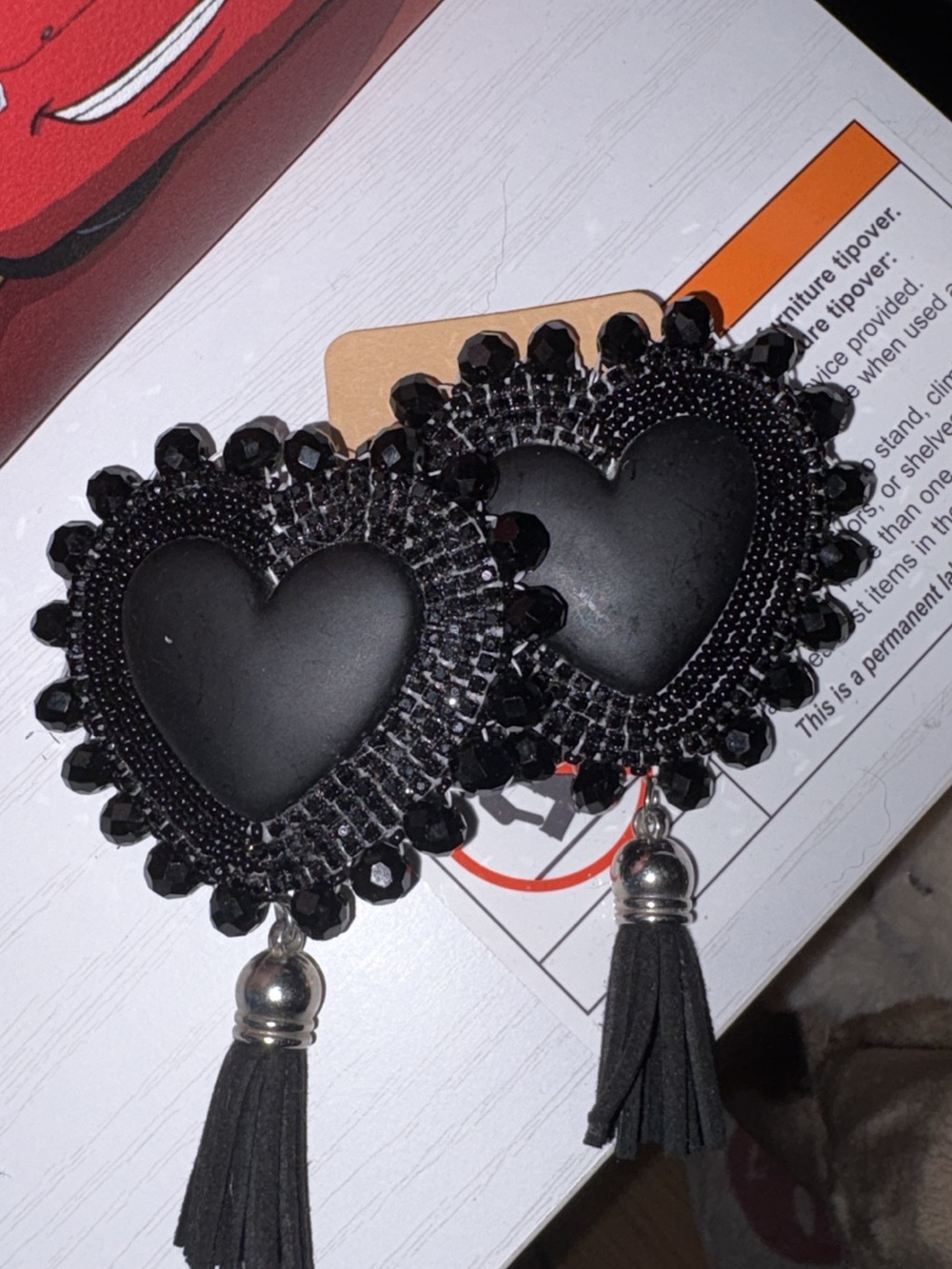 Black Heart Beaded Tassel Earrings